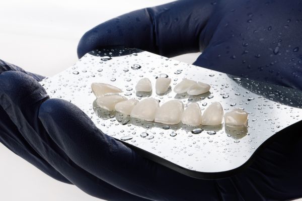 Dental Veneers on a small silver tray in a dental gloved hand