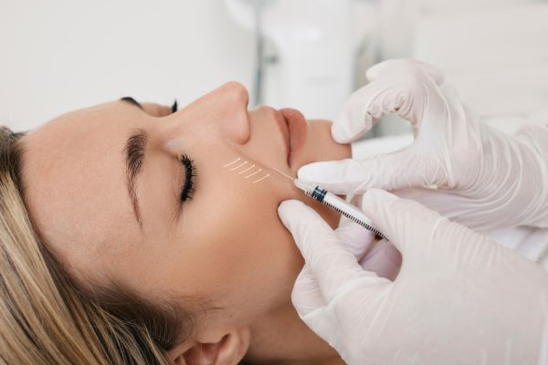 Woman receiving dermal filler injections to the side of her nose